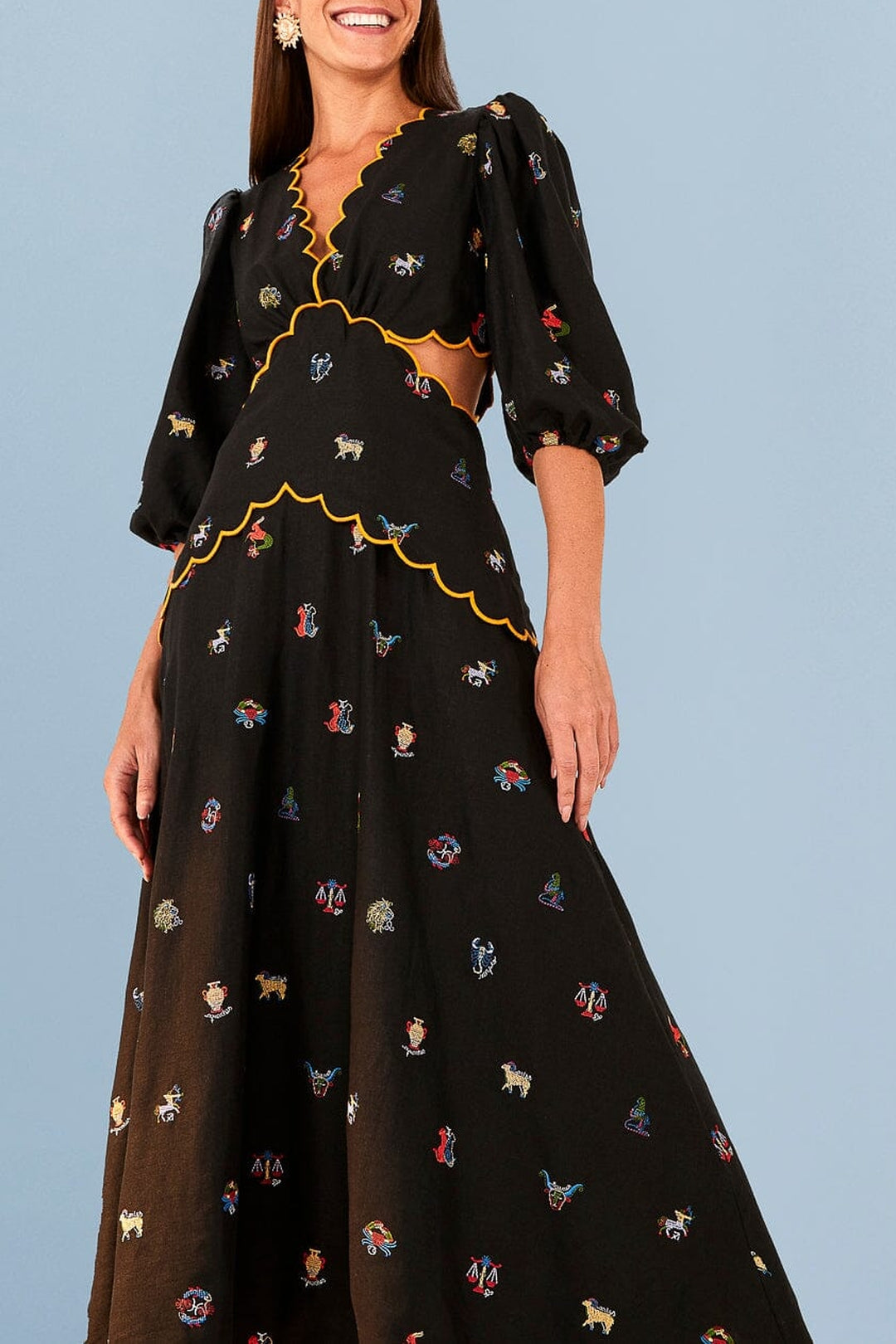 Robe longue découpée à borderie en lin - Noir