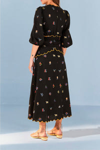 Robe longue découpée à borderie en lin - Noir