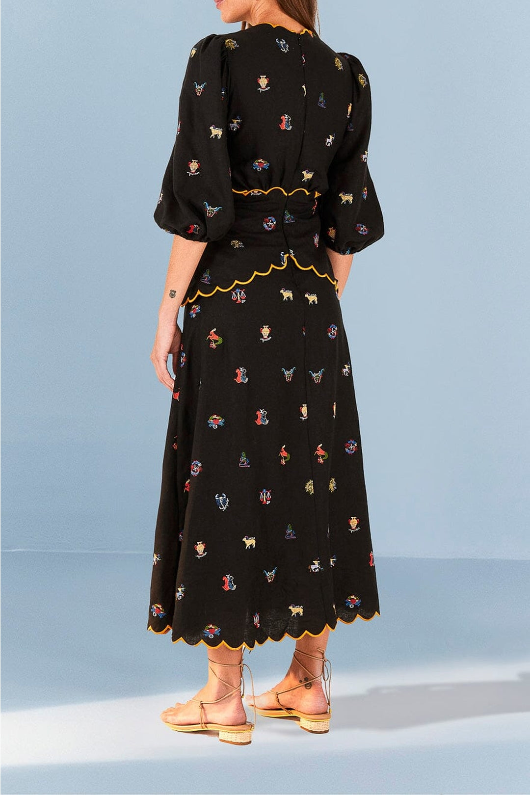 Robe longue découpée à borderie en lin - Noir