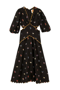 Robe longue découpée à borderie en lin - Noir