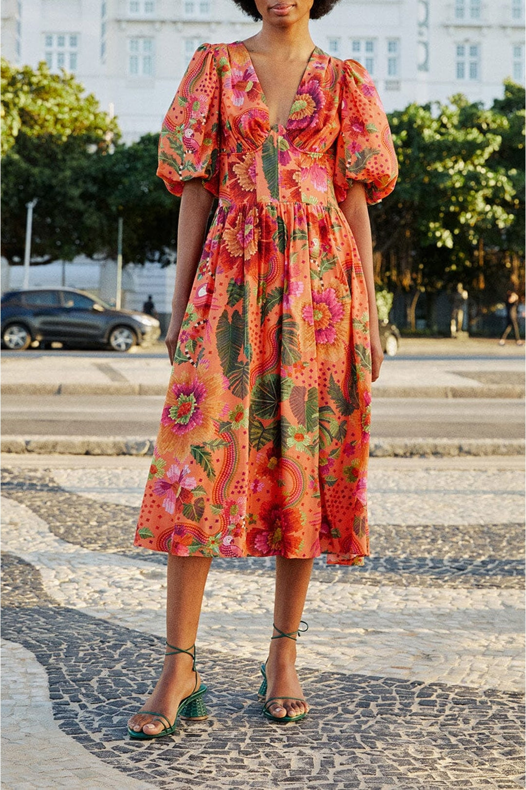 Robe midi Blooming Garden en coton - Orange