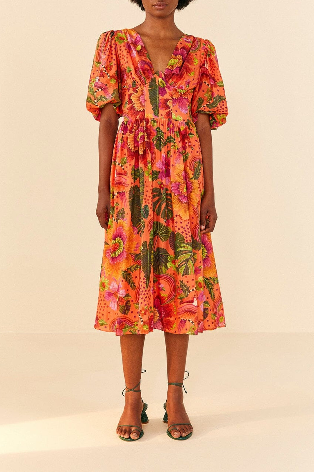 Robe midi Blooming Garden en coton - Orange