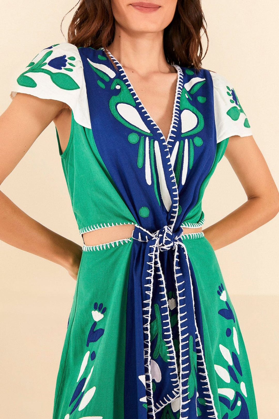 Robe midi Patchwork Jardin Doux en lin - Vert