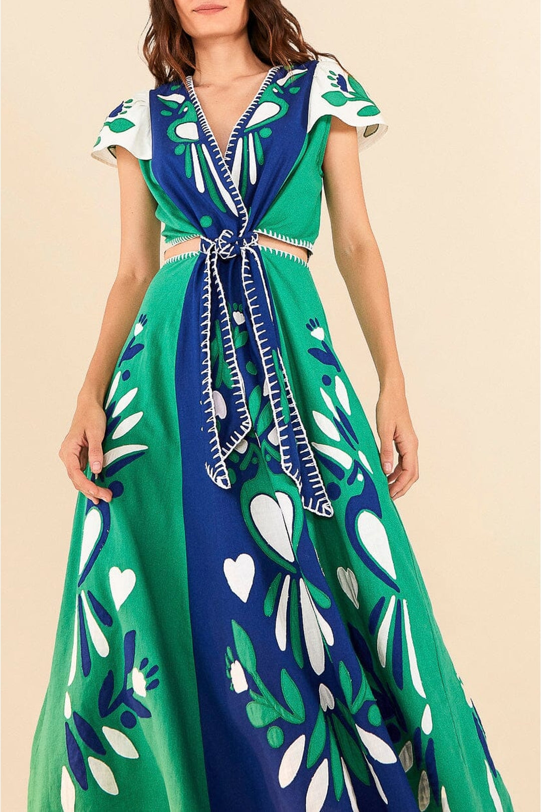 Robe midi Patchwork Jardin Doux en lin - Vert