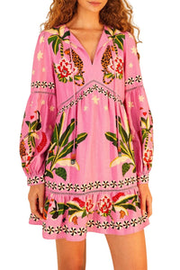 Robe courte Leopard Forest en lin - Rose