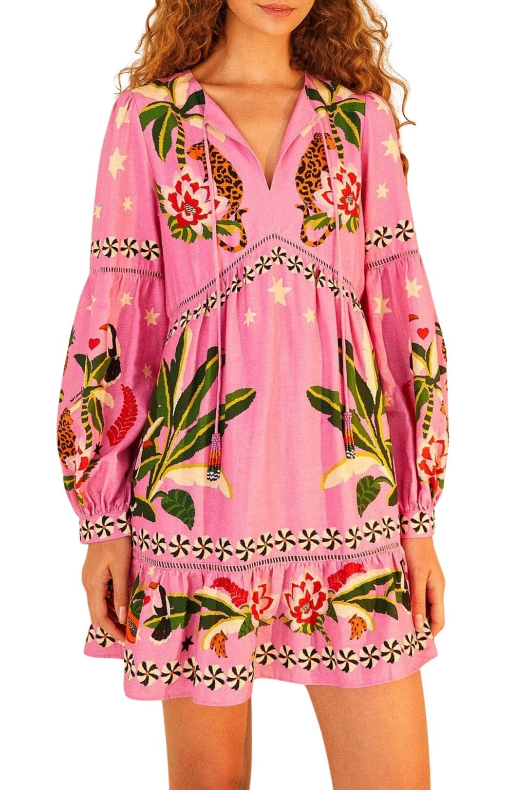 Robe courte Leopard Forest en lin - Rose