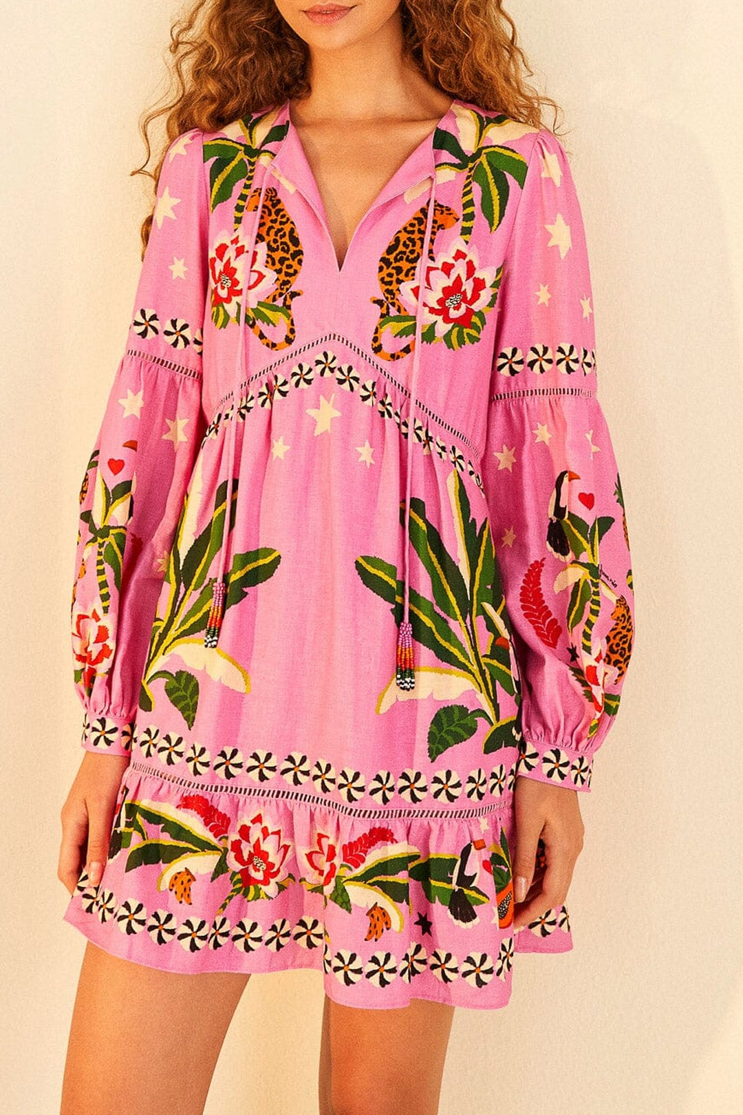 Robe courte Leopard Forest en lin - Rose