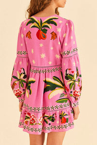 Robe courte Leopard Forest en lin - Rose