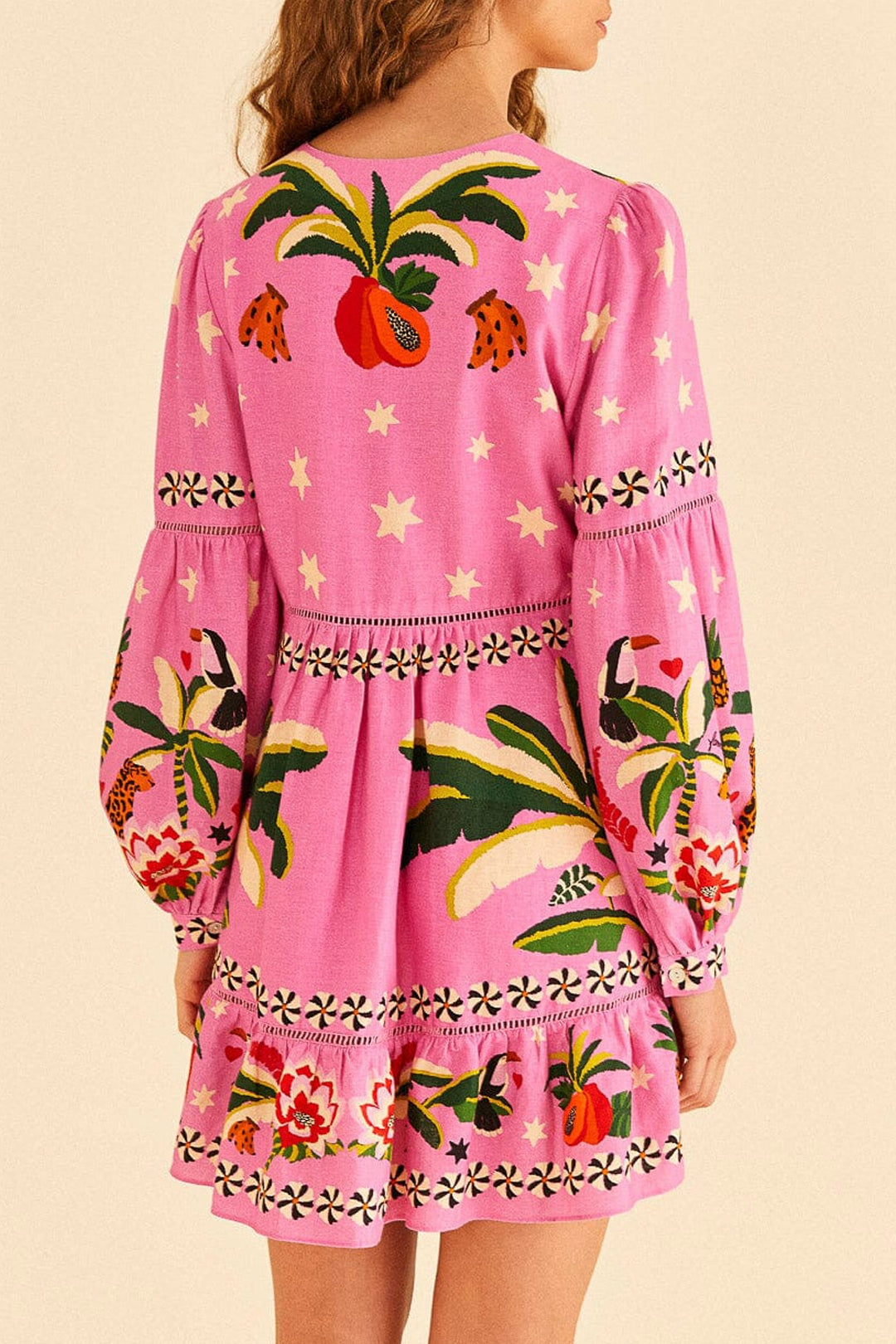 Robe courte Leopard Forest en lin - Rose