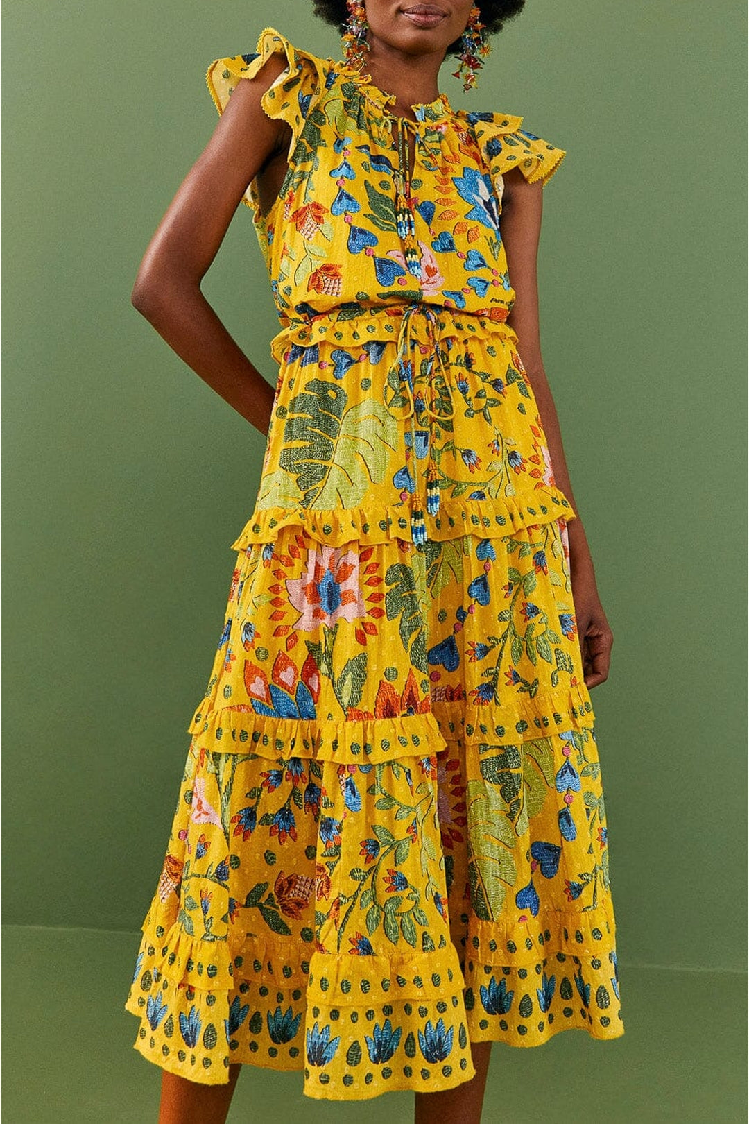 Robe midi Summer Garden Yellow Frilled en coton - Jaune