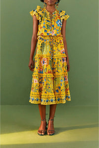 Robe midi Summer Garden Yellow Frilled en coton - Jaune