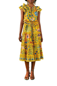 Robe midi Summer Garden Yellow Frilled en coton - Jaune