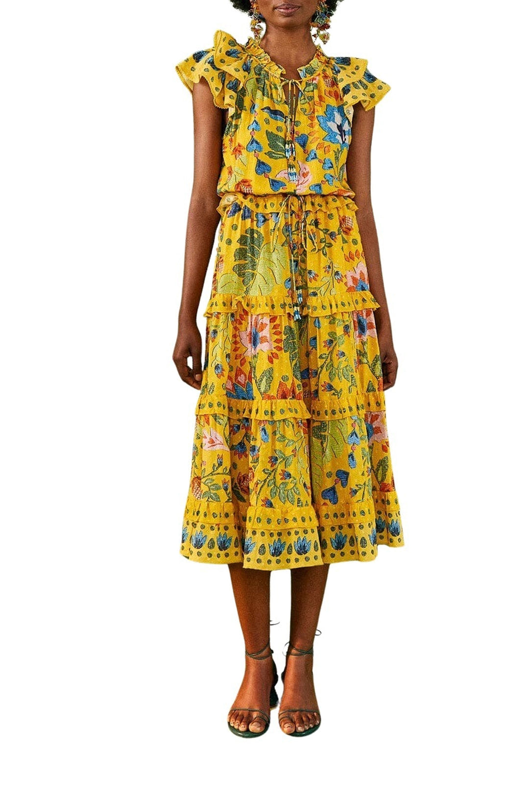 Robe midi Summer Garden Yellow Frilled en coton - Jaune