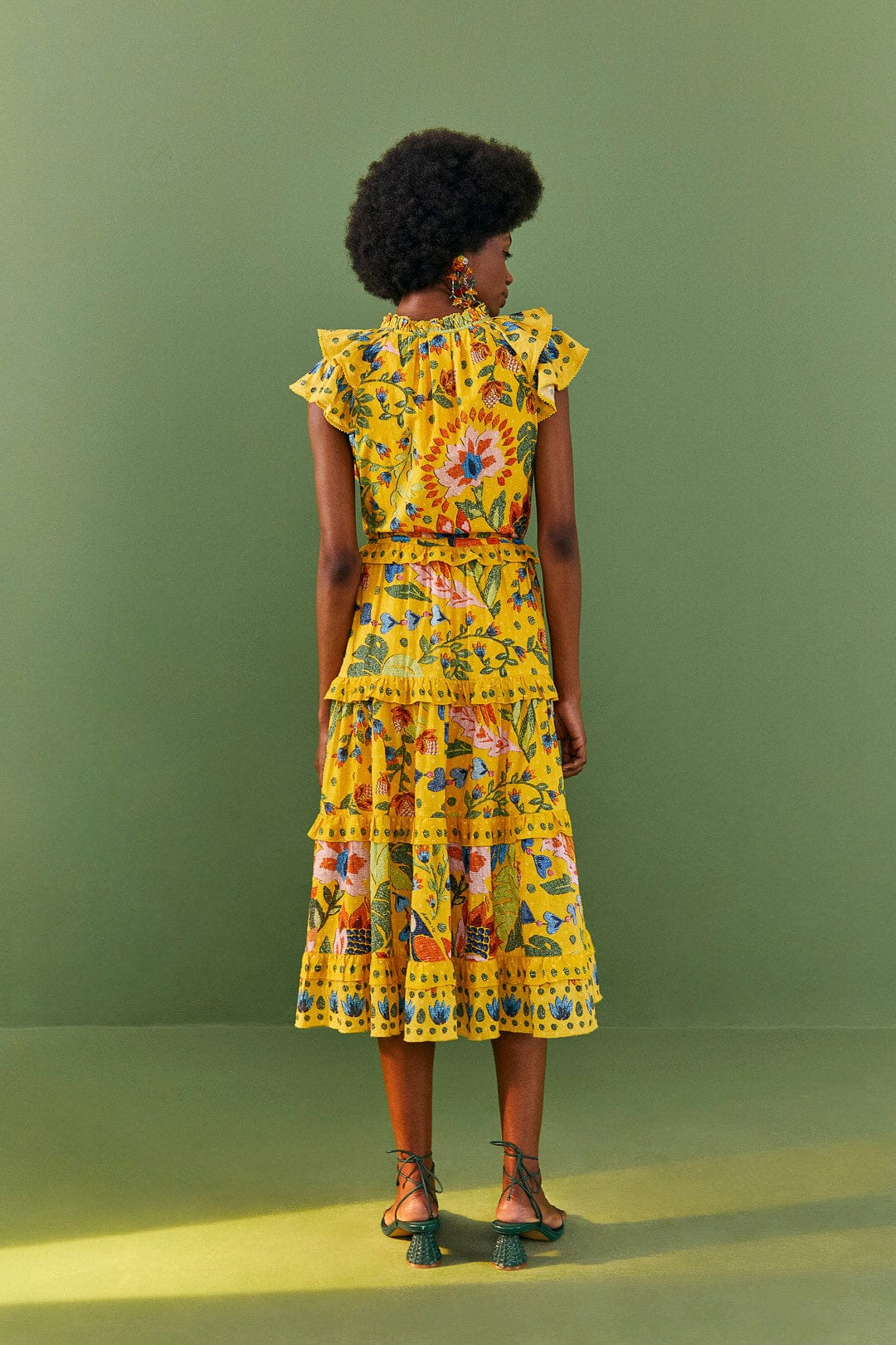 Robe midi Summer Garden Yellow Frilled en coton - Jaune