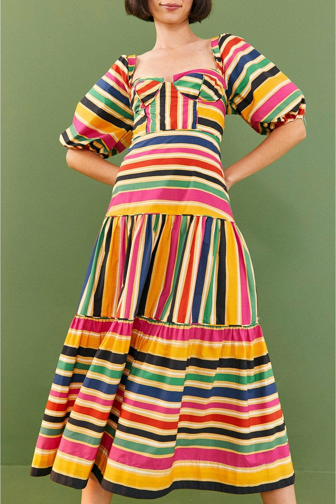Robe midi Rainbow Stripes en coton - Multicolore