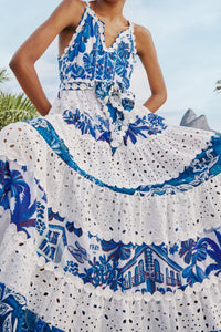 Robe longue à imprimés en coton - Bleu