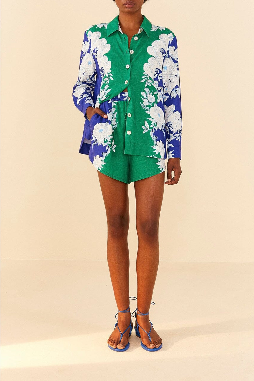 Short Garden Doux en lin - Bleu & vert