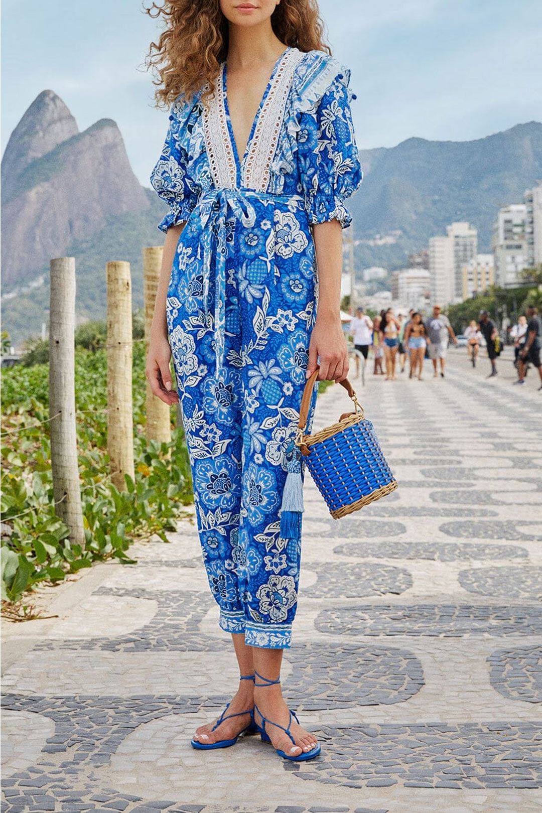 Combinaison Full Of Flowers en lin - Bleu