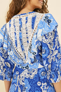 Combinaison Full Of Flowers en lin - Bleu