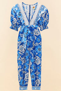 Combinaison Full Of Flowers en lin - Bleu