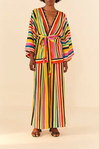 Kimono à rayures Arc-en-ciel en lin - Multicolore