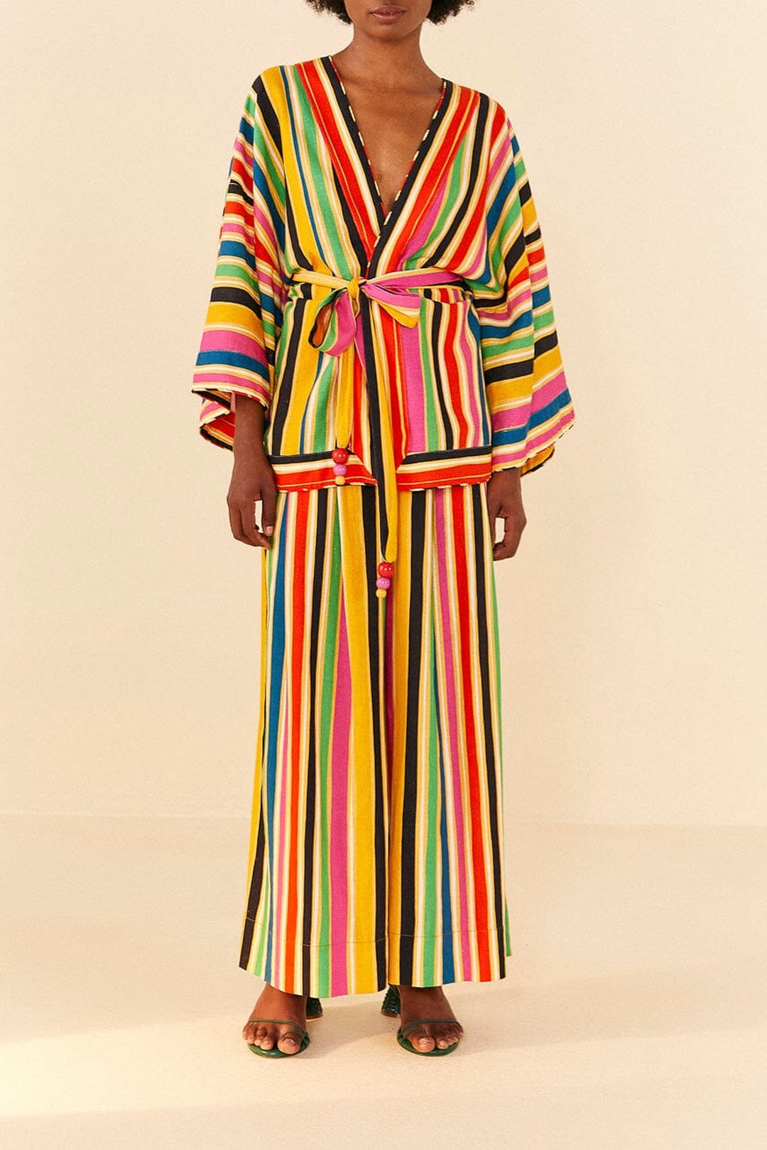 Kimono à rayures Arc-en-ciel en lin - Multicolore