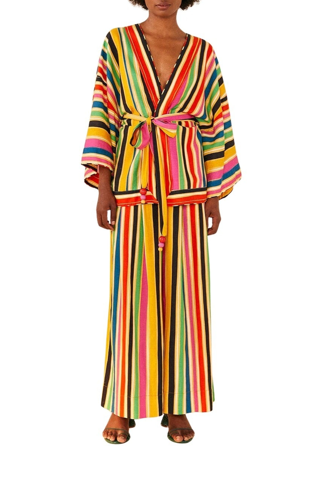 Kimono à rayures Arc-en-ciel en lin - Multicolore