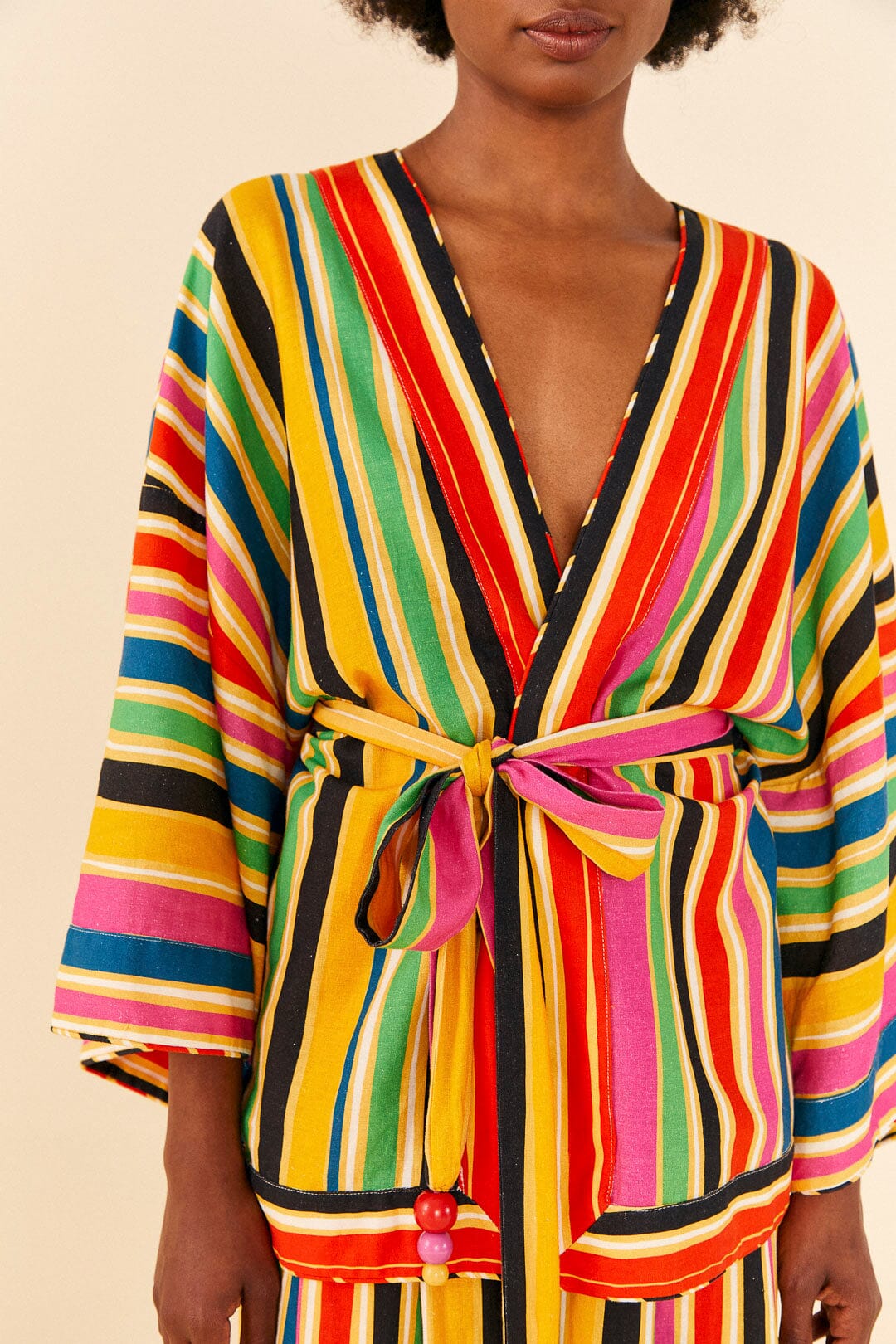 Kimono à rayures Arc-en-ciel en lin - Multicolore
