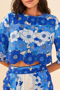 Blouse courte à rayures fleuries en lin - Bleu
