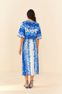 Blouse courte à rayures fleuries en lin - Bleu