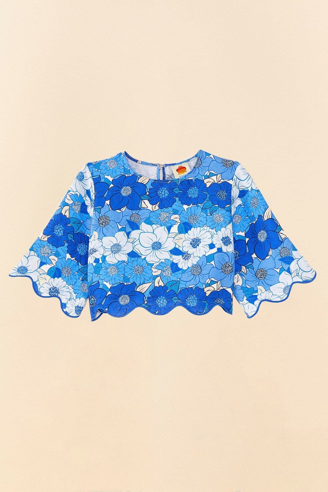 Blouse courte à rayures fleuries en lin - Bleu