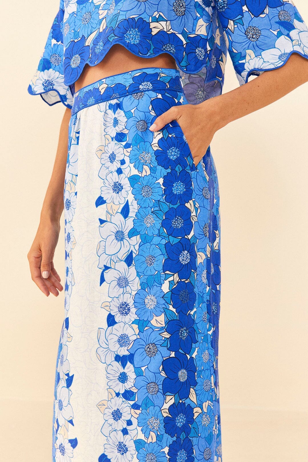 Jupe midi à rayures fleuries en lin - Bleu