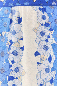 Jupe midi à rayures fleuries en lin - Bleu