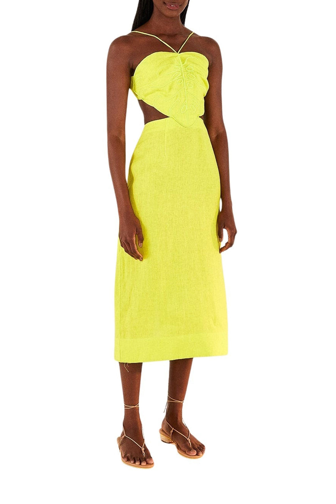 Robe midi Monstera citron en lin - Jaune