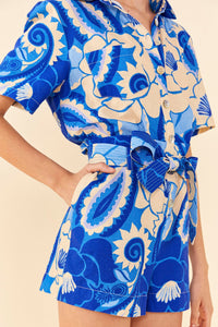 Combi-short Tropicale Groove en lin - Bleu