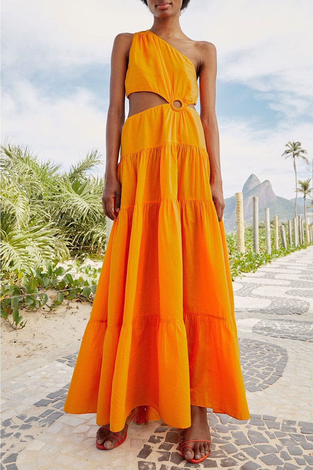 Robe longue asymétrique en coton - Orange