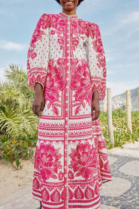 Robe longue Tropicale Woodcut en coton - Rose
