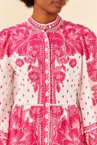 Robe longue Tropicale Woodcut en coton - Rose