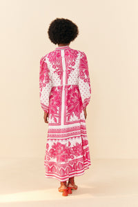 Robe longue Tropicale Woodcut en coton - Rose