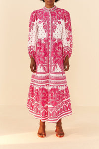 Robe longue Tropicale Woodcut en coton - Rose