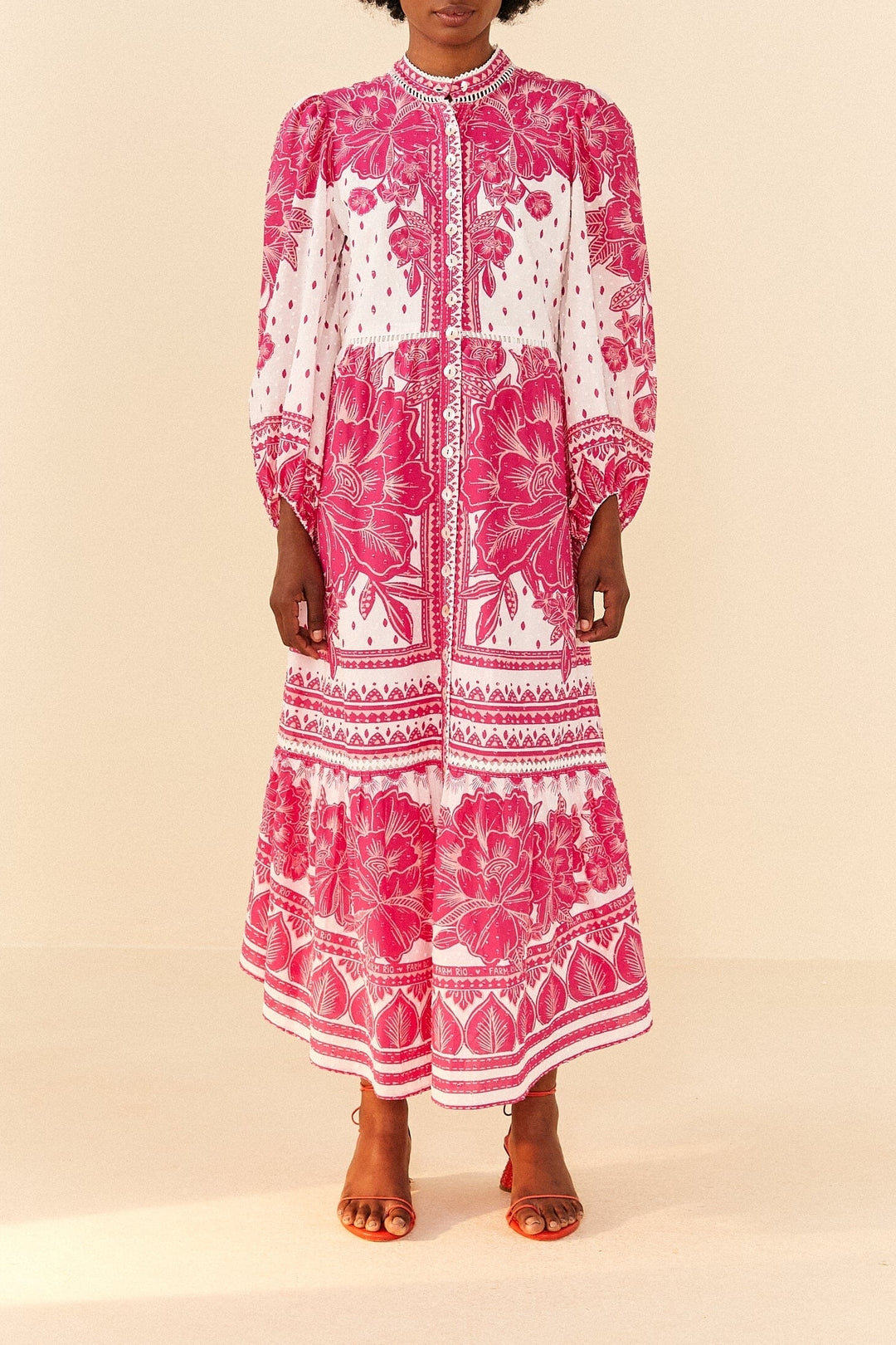Robe longue Tropicale Woodcut en coton - Rose