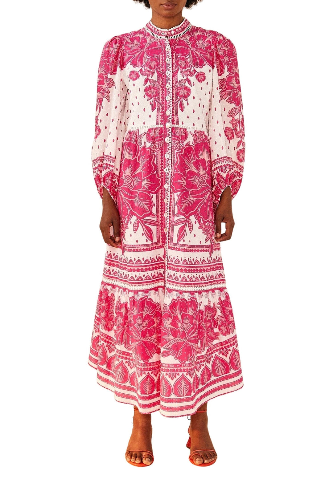 Robe longue Tropicale Woodcut en coton - Rose