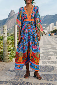 Robe longue caftan Jardin Ananas - Bleu