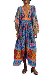 Robe longue caftan Jardin Ananas - Bleu