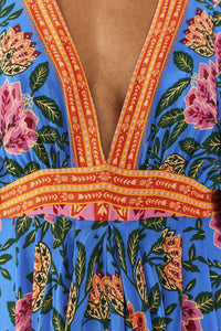Robe longue caftan Jardin Ananas - Bleu