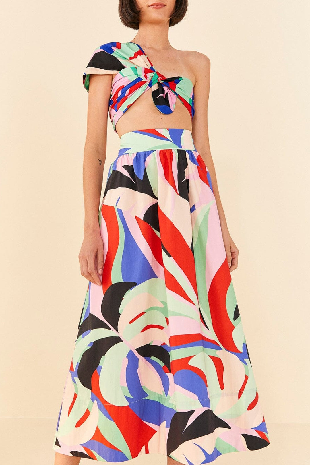 Jupe midi Colorful Monstera en coton - Rose