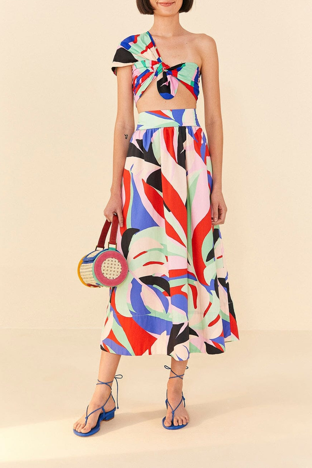 Jupe midi Colorful Monstera en coton - Rose