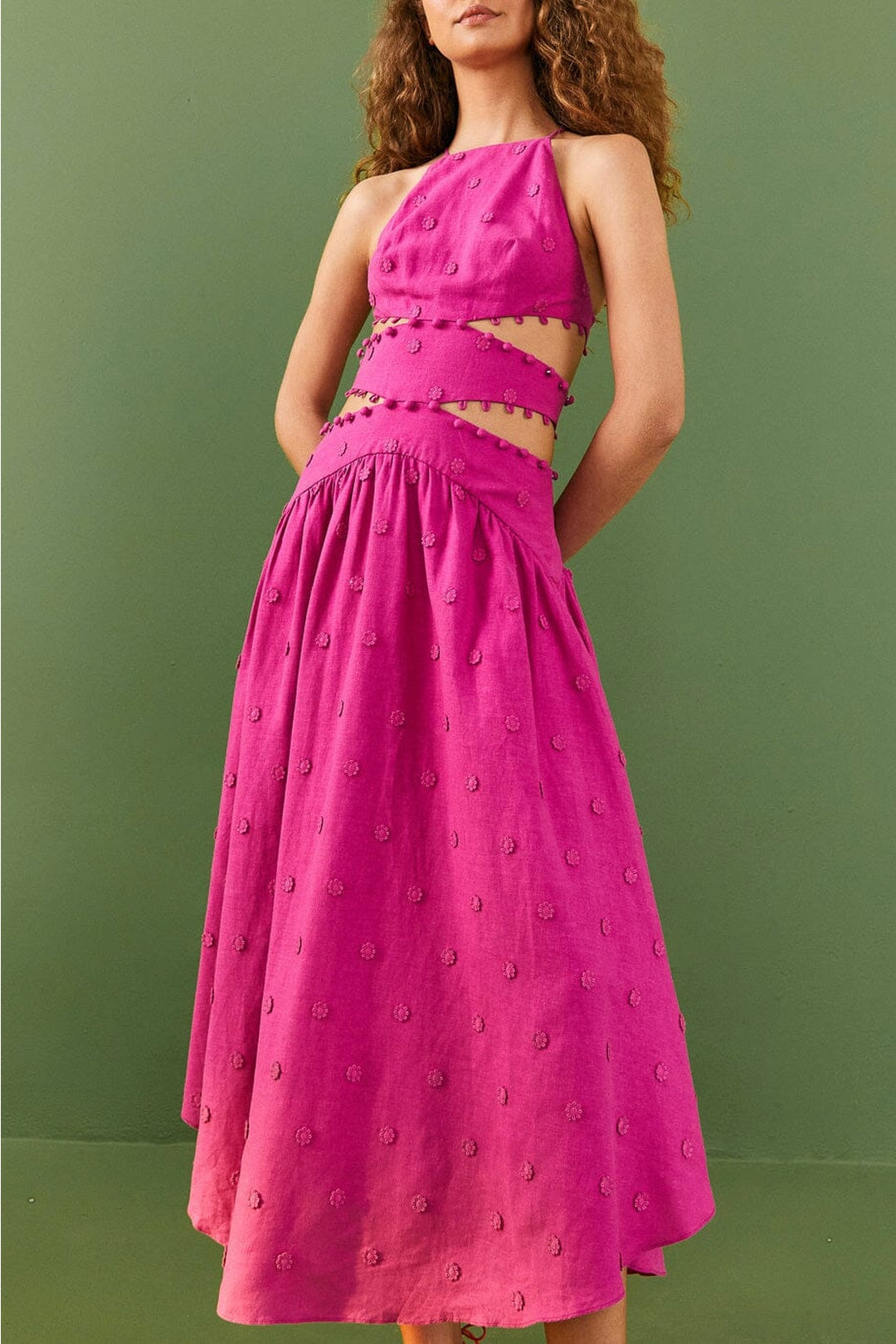 Robe longue à fleurs en lin - Rose