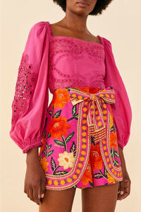 Short Flower Tapestry en lin - Rose