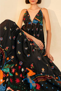 Robe longue brodée Zodiac en coton - Noir